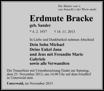 Traueranzeige von Erdmute Bracke von Südthüringer Presse