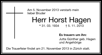 Traueranzeige von Horst Hagen von Frankenpost