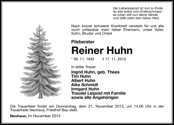 Traueranzeige von Reiner Huhn von Südthüringer Presse