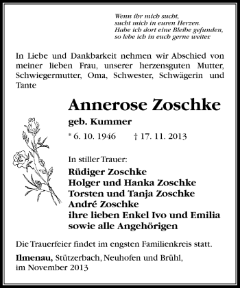 Traueranzeige von Annerose Zoschke von Südthüringer Presse