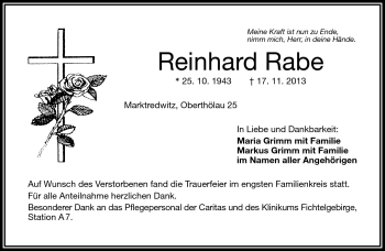 Traueranzeige von Reinhard Rabe von Frankenpost