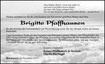 Traueranzeige von Brigitte Pfaffhausen von Südthüringer Presse
