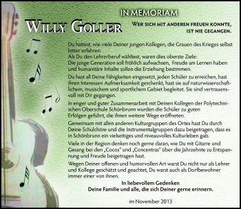 Traueranzeige von Willy Goller von Südthüringer Presse