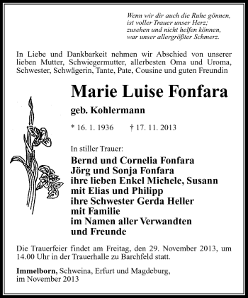 Traueranzeige von Marie Luise Fonfara von Südthüringer Presse