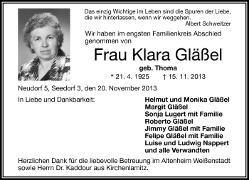 Traueranzeige von Klara Gläßel von Frankenpost