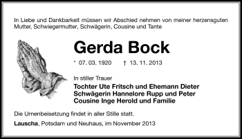 Traueranzeige von Gerda Bock von Südthüringer Presse