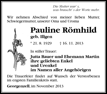 Traueranzeige von Pauline Römhild von Südthüringer Presse