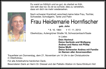 Traueranzeige von Heidemarie Hornfischer von Frankenpost