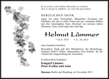 Traueranzeige von Helmut Lämmer von Südthüringer Presse