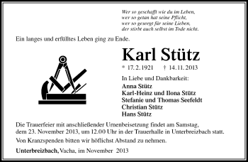 Traueranzeige von Karl Stütz von Südthüringer Presse