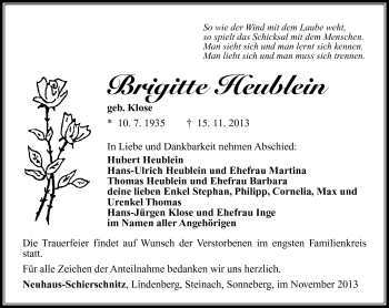 Traueranzeige von Brigitte Heublein von Südthüringer Presse