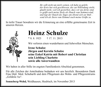 Traueranzeige von Heinz Schulze von Südthüringer Presse