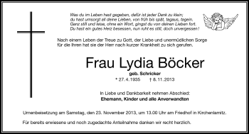 Traueranzeige von Lydia Böcker von Frankenpost