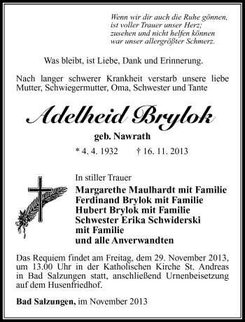 Traueranzeige von Adelheid Brylok von Südthüringer Presse