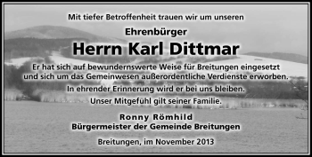 Traueranzeige von Karl Dittmar von Südthüringer Presse