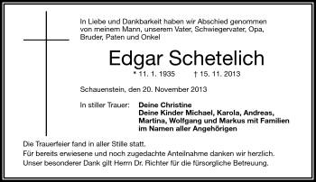 Traueranzeige von Edgar Schetelich von Frankenpost