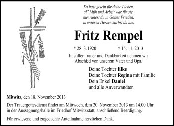 Traueranzeige von Fritz Rempel von Neue Presse Coburg