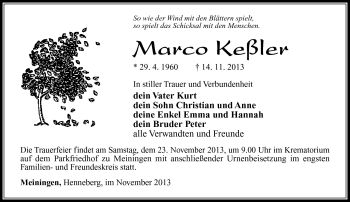 Traueranzeige von Marco Keßler von Südthüringer Presse