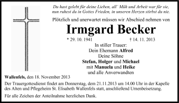 Traueranzeige von Irmgard Becker von Neue Presse Coburg