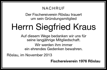 Traueranzeige von Siegfried Kraus von Frankenpost