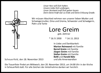 Traueranzeige von Lore Greim von Neue Presse Coburg