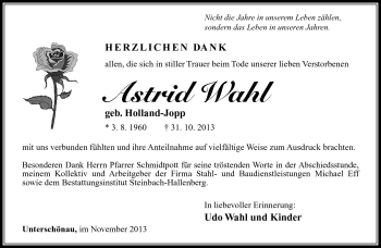 Traueranzeige von Astrid Wahl von Südthüringer Presse