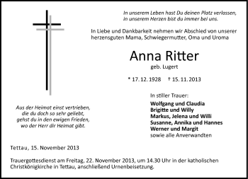 Traueranzeige von Anna Ritter von Neue Presse Coburg