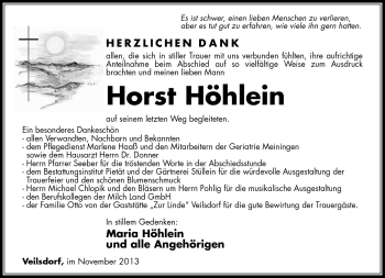 Traueranzeige von Horst Höhlein von Südthüringer Presse