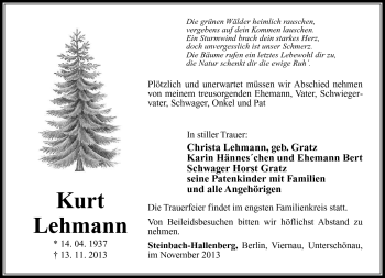 Traueranzeige von Kurt Lehmann von Südthüringer Presse