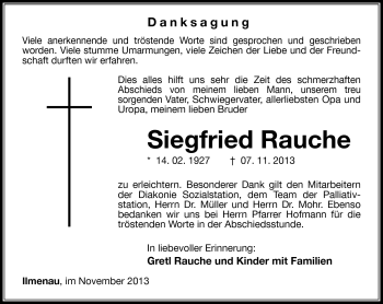 Traueranzeige von Siegfried Rauche von Südthüringer Presse