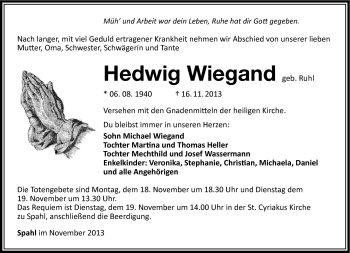 Traueranzeige von Hedwig Wiegand von Südthüringer Presse