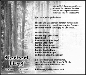Traueranzeige von Herbert Hopf von Südthüringer Presse