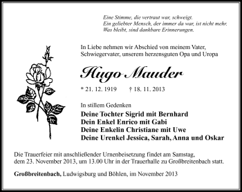 Traueranzeige von Hugo Mauder von Südthüringer Presse