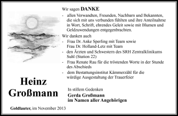 Traueranzeige von Heinz Großmann von Südthüringer Presse