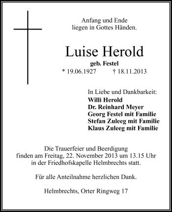 Traueranzeige von Luise Herold von Frankenpost