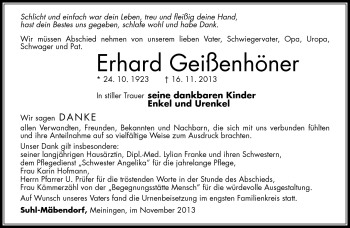 Traueranzeige von Erhard Geißenhöner von Südthüringer Presse