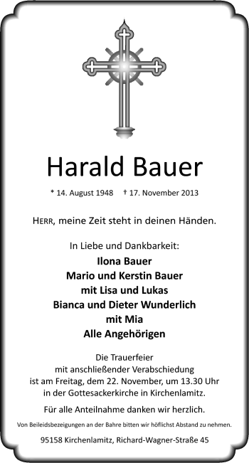 Traueranzeige von Harald Bauer von Frankenpost