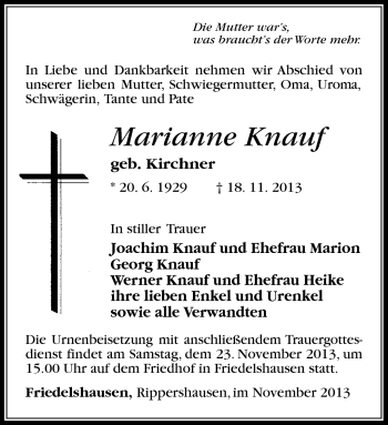 Traueranzeige von Marianne Knauf von Südthüringer Presse