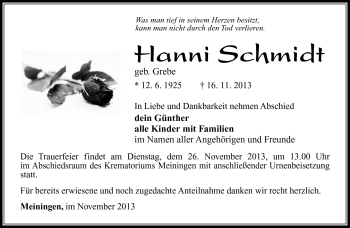 Traueranzeige von Hanni Schmidt von Südthüringer Presse