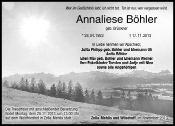 Traueranzeige von Annaliese Böhler von Südthüringer Presse