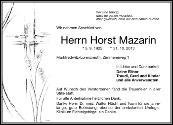 Traueranzeige von Horst Mazarin von Frankenpost