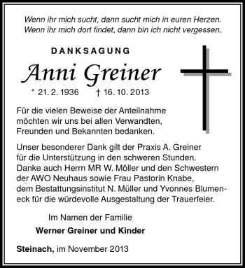 Traueranzeige von Anni Greiner von Südthüringer Presse