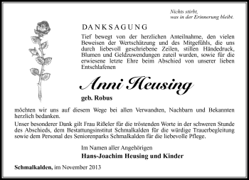 Traueranzeige von Anni Heusing von Südthüringer Presse