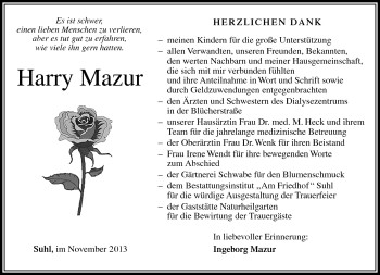 Traueranzeige von Harry Mazur von Südthüringer Presse
