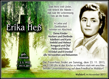 Traueranzeige von Erika Heß von Südthüringer Presse