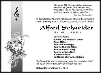 Traueranzeige von Alfred Schneider von Südthüringer Presse