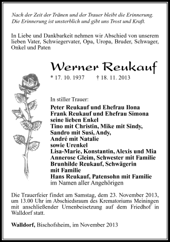 Traueranzeige von Werner Reukauf von Südthüringer Presse