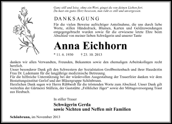 Traueranzeige von Anna Eichhorn von Südthüringer Presse
