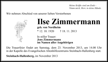 Traueranzeige von Ilse Zimmermann von Südthüringer Presse