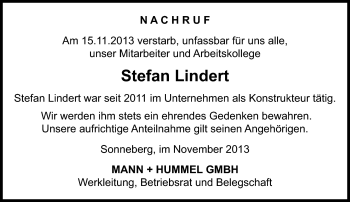 Traueranzeige von Stefan Lindert von Südthüringer Presse